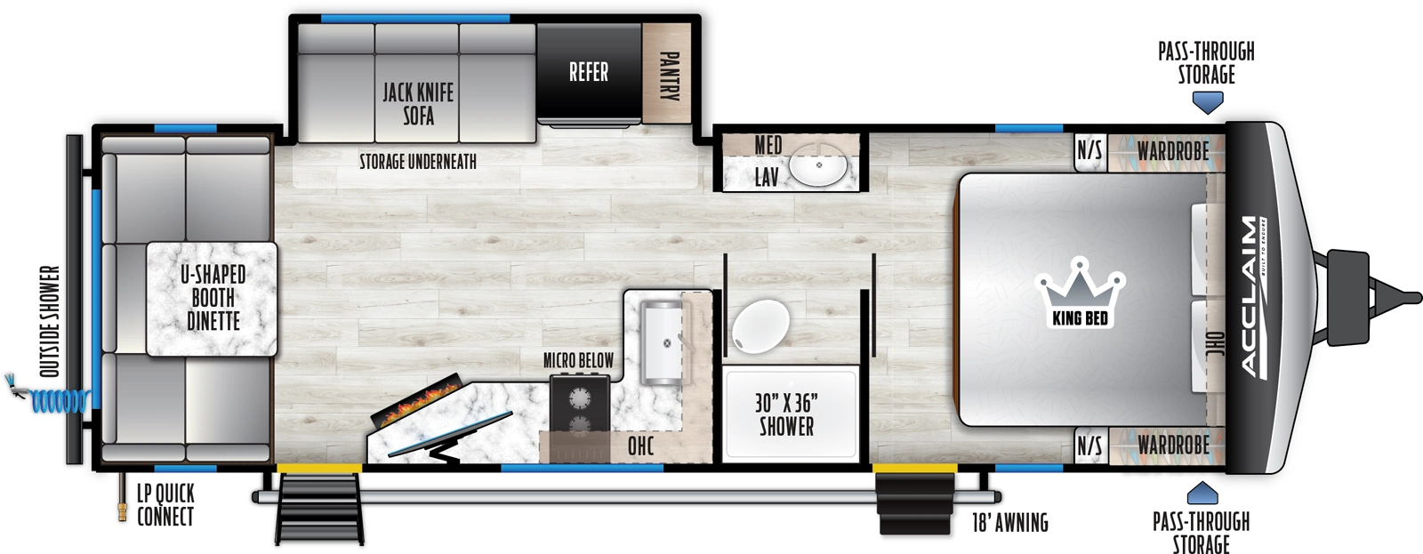 The Acclaim 2500RD floorplan has two entries and one slide out. Exterior features include: metal exterior and 18' awning. Interiors features include: u-dinette, front bedroom and pass through bathroom.